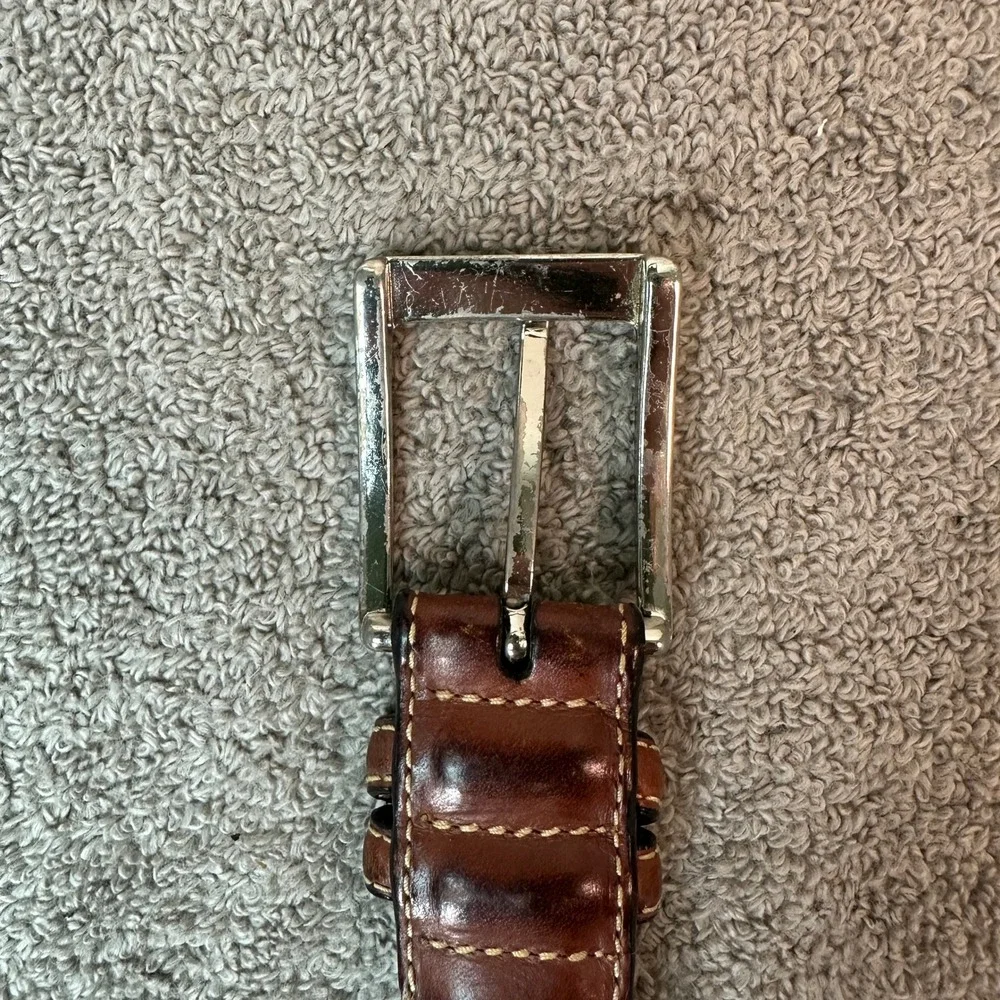 Mens Brown Leather Belt White Contrast Stitching Silver Buckle 48 Inch